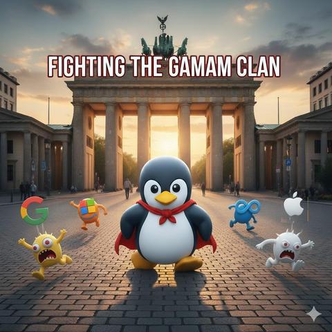 Tux running in Berlin hunting Google, Apple, Meta, Amazon, Microsoft
Made by gemini generative AI