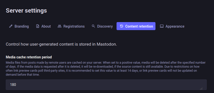Screenshot Mastodon Admin Setting for Caching 